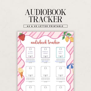 Könnte beinhalten: Ein druckbarer Hörbuch-Tracker mit einem rosa-weiß gestreiften Rand. Der Titel "AUDIOBOOK TRACKER" steht oben. Der Tracker enthält Platz für Buchtitel, Autorennamen und Sterne. Dekorative Elemente sind eine Erdbeere, Zitronen und ein Eis.