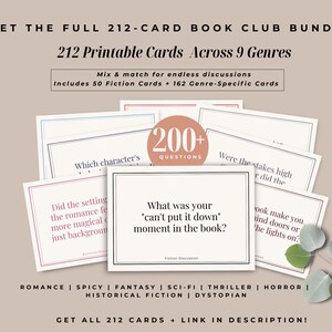 May include: A collection of 212 printable book club discussion cards across 9 genres. The cards feature questions to spark conversations, with the text "What was your 'can't put it down' moment in the book?" and "200+ Questions".
