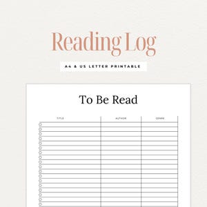 Könnte beinhalten: Ein druckbares Leseprotokoll mit dem Titel "Reading Log" in einer weichen rosa Schriftart. Das Protokoll enthält Abschnitte für Titel, Autor und Genre, mit den Worten "To Be Read" oben. Der Text "A4 & US LETTER PRINTABLE" ist ebenfalls enthalten.