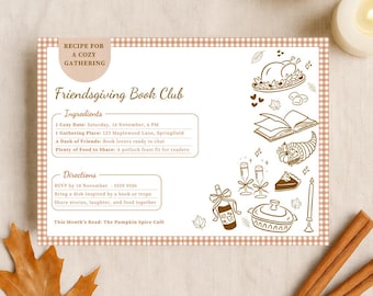 Friendsgiving Book Club Invitation, Recipe Card Style, Cozy Fall Potluck Invite, Editable Canva Template, Thanksgiving Bookish Party