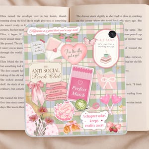 May include: A phone case featuring a pastel plaid design adorned with stickers. These include hearts, bows, a butterfly, and text such as "The Anti Social Book Club", "Perfect Match", and "Get Cozy".