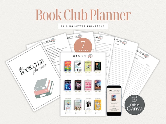 Book Club Planner & Organizer | Printable Book Club Templates | Digital Book Tracker, Discussion Prompts, Meeting Notes | Editable in Canva