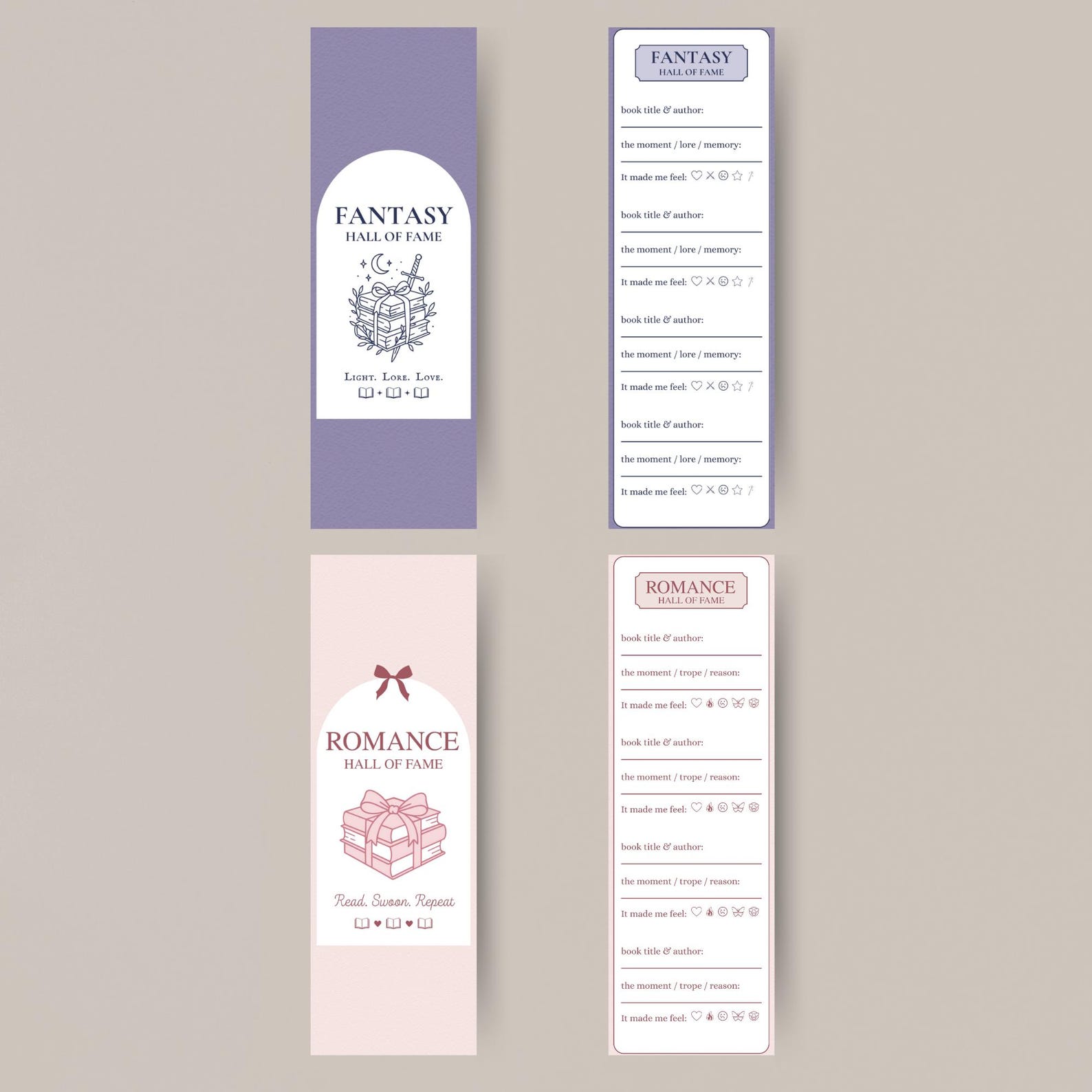Printable Book Tracker Bookmark Set, Romance & Fantasy “hall of fame ...