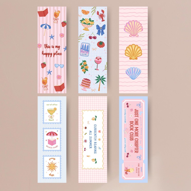 May include: Six rectangular bookmarks featuring various illustrations. Designs include pink stripes with the text 'this is my happy place', a blue dotted pattern with food and nature icons, pink wavy lines with seashells, and blue striped panels with text.