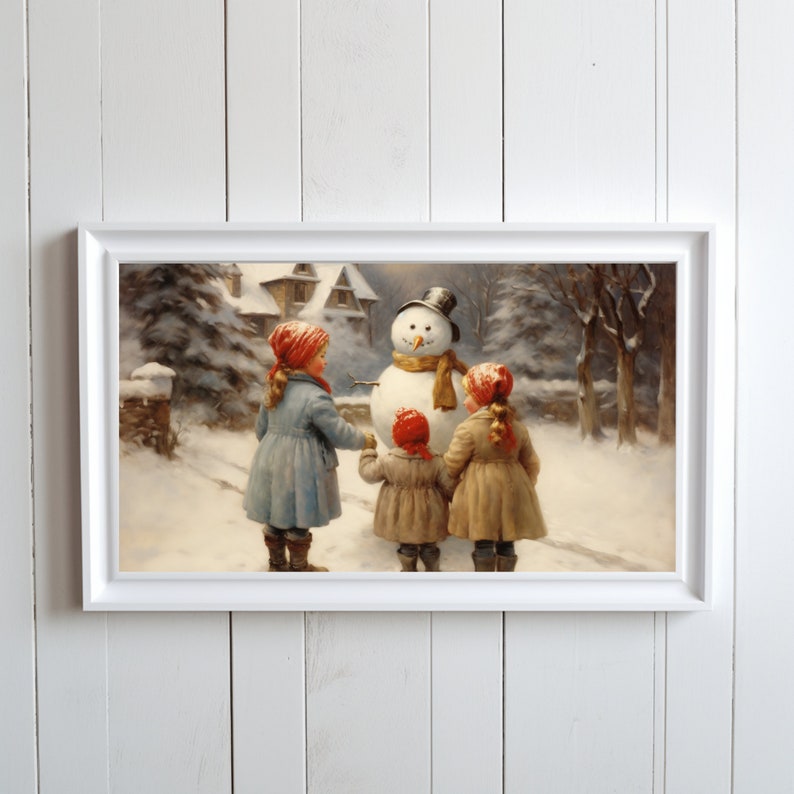 Vintage Winter Scene Oil Painting Print Snowy Day Children Building