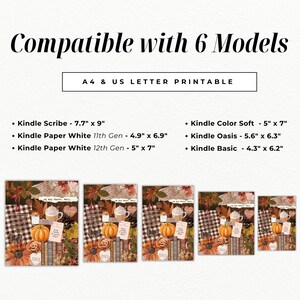 Puede incluir: Arte digital imprimible para dispositivos Kindle. La imagen presenta el texto "Compatible with 6 Models" y "A4 & US LETTER PRINTABLE". El arte incluye calabazas, caf&eacute;, libros y la palabra "Cozy". Los tama&ntilde;os var&iacute;an de 10,9 cm x 15,7 cm a 19,6 cm x 22,9 cm.
