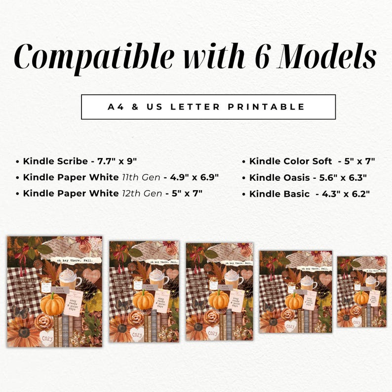 Puede incluir: Arte digital imprimible para dispositivos Kindle. La imagen presenta el texto "Compatible with 6 Models" y "A4 & US LETTER PRINTABLE". El arte incluye calabazas, caf&eacute;, libros y la palabra "Cozy". Los tama&ntilde;os var&iacute;an de 10,9 cm x 15,7 cm a 19,6 cm x 22,9 cm.