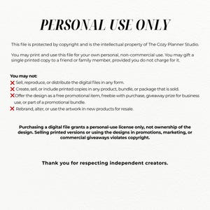 Puede incluir: Un archivo digital con el texto "PERSONAL USE ONLY" en la parte superior. El archivo detalla la informaci&oacute;n de derechos de autor y las restricciones de uso, incluida una lista de lo que no est&aacute; permitido, como la venta o la alteraci&oacute;n del dise&ntilde;o.