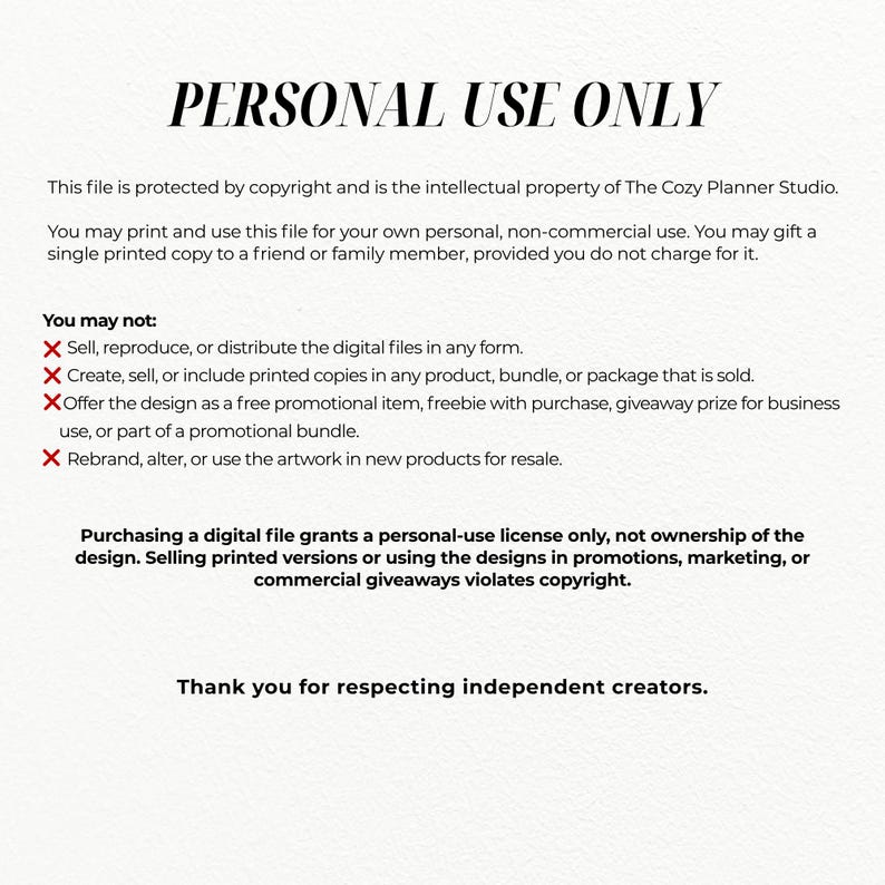 Puede incluir: Un archivo digital con el texto "PERSONAL USE ONLY" en la parte superior. El archivo detalla la informaci&oacute;n de derechos de autor y las restricciones de uso, incluida una lista de lo que no est&aacute; permitido, como la venta o la alteraci&oacute;n del dise&ntilde;o.