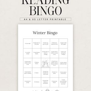 May include: A white printable Reading Bingo card with the title Winter Bingo, featuring a five-by-five grid of reading prompts, black text, and line art illustrations of winter items like a snowman, a snowflake, and a hot cocoa mug.