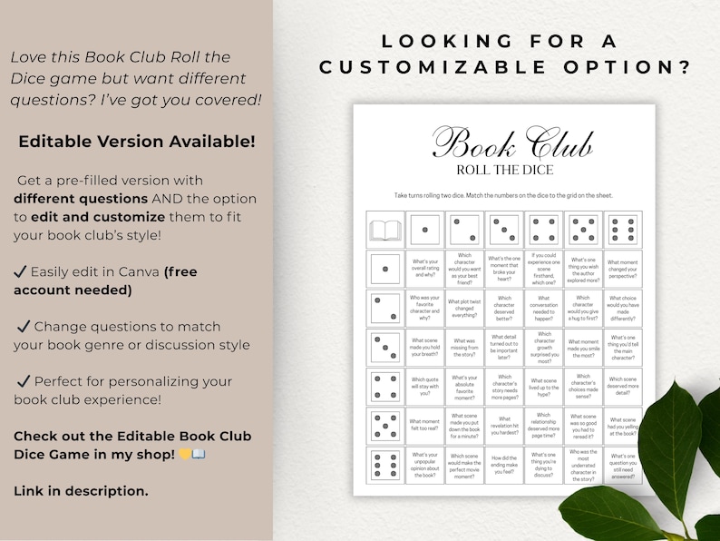 Book Club Discussion Questions Printable, Book Club Cards, Discussion Prompts, Book Review Dice Game, Get To Know You, Book Club Ice Breaker image 2