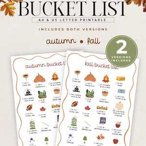 May include: A printable bucket list document featuring two versions, autumn and fall, with seasonal illustrations and checklists. The text includes BUCKET LIST, A4 & US LETTER PRINTABLE, INCLUDES BOTH VERSIONS, autumn, fall, and 2 VERSIONS INCLUDED.