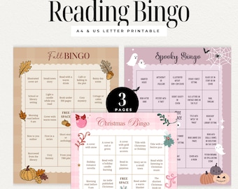 Seasonal Reading Bingo Printable Set, Fall, Spooky & Christmas Book Challenge Cards, Cozy Reading Game for Readers
