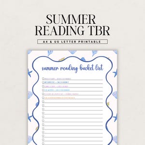 May include: A printable summer reading bucket list with a light pink background, blue seashell and starfish accents, and a blue border. The text "SUMMER READING TBR" is at the top, with the words "A4 & US LETTER PRINTABLE" below. The list includes book titles.