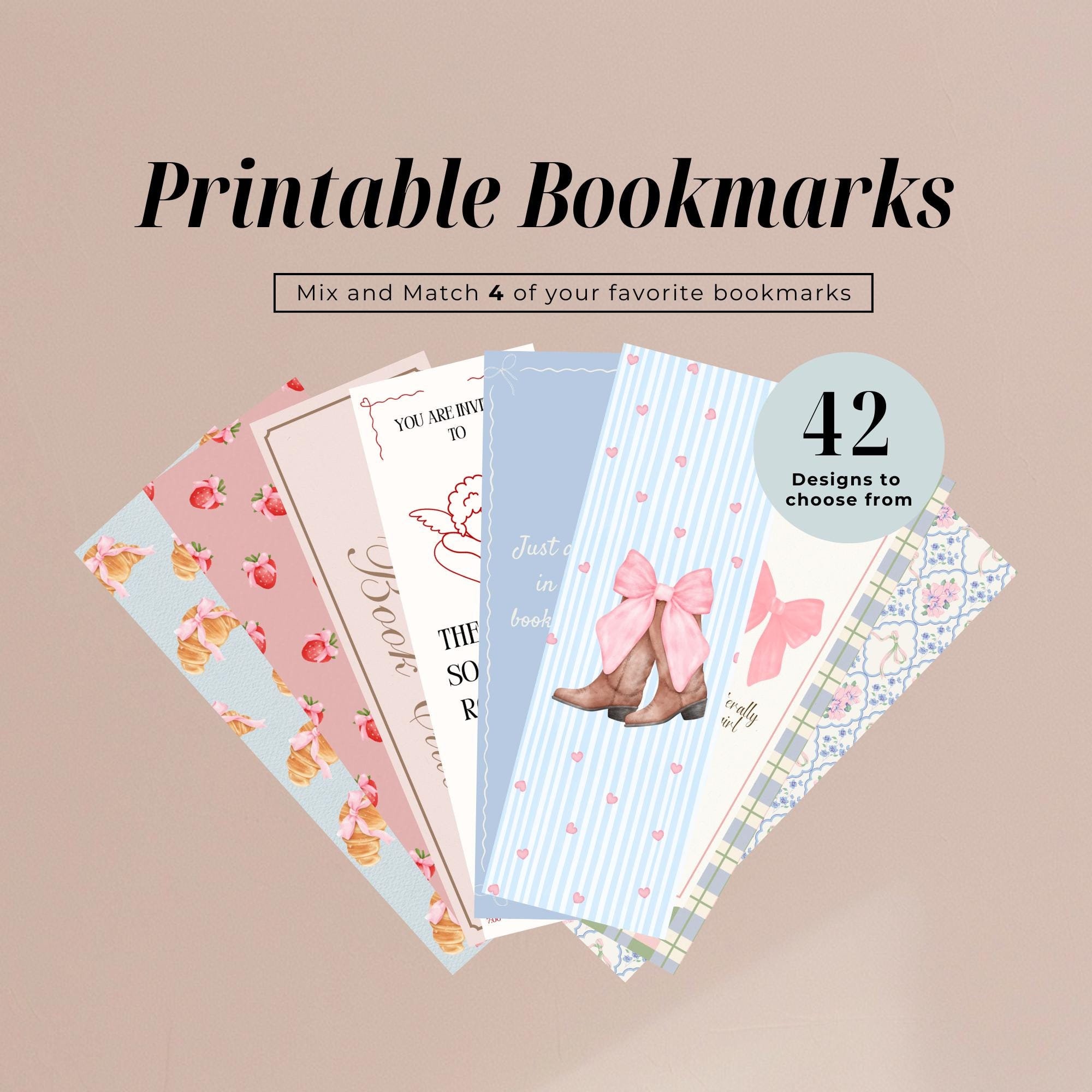Set van 4 afdrukbare coquette-bladwijzers, mix & match, Soft Girl, roze strikken, esthetiek, roze en blauw, bladwijzer girly tijdperk, romantische bladwijzer