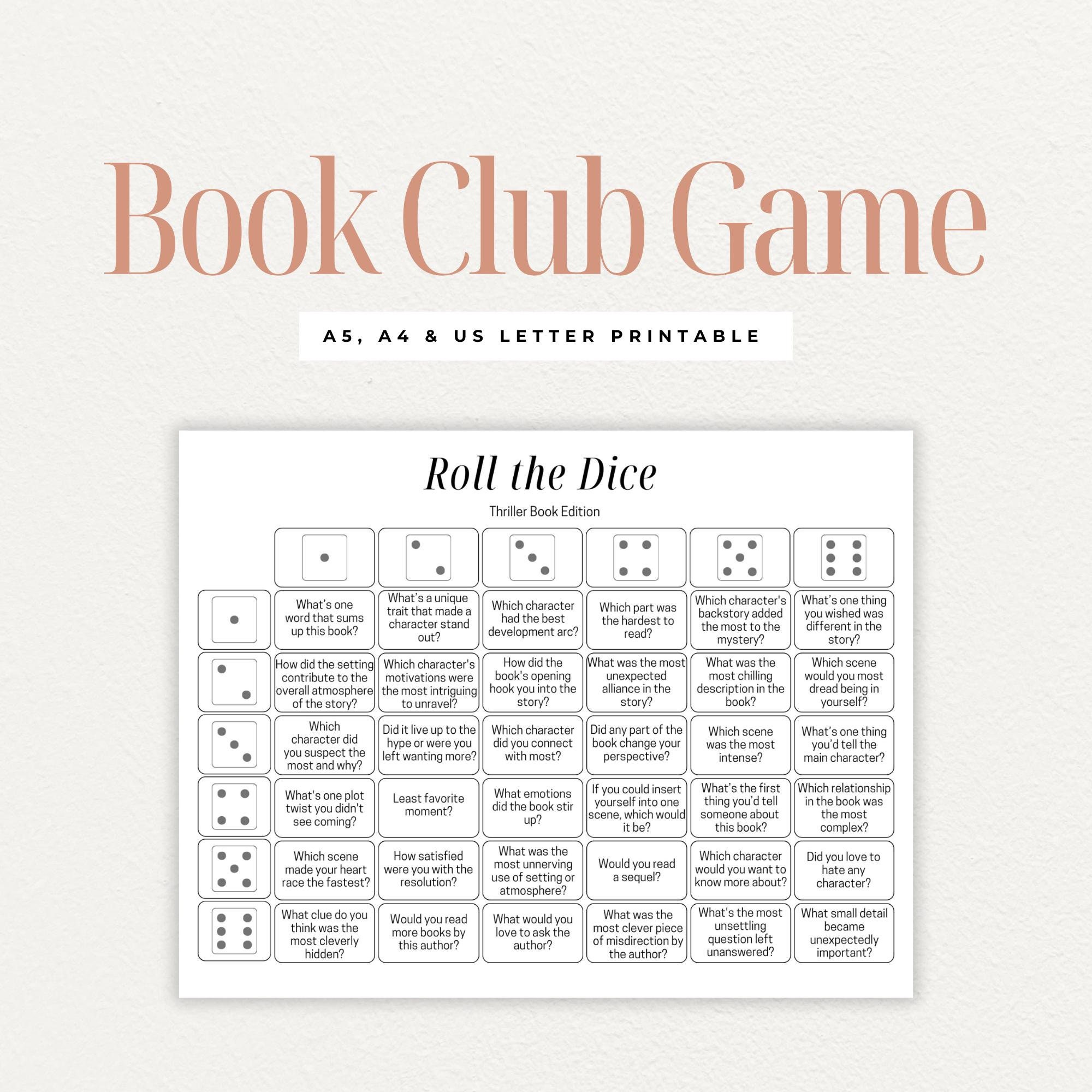 Thriller Book Club Discussion Questions Printable, Roll the Dice, Book Club  Cards, Book Review Dice Game, Book Club Ice Breaker, Bookworm - Etsy