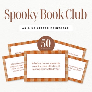 ハロウィーンの不気味な読書クラブの質問 | 印刷可能な読書クラブのプロンプト 50 個 | サスペンス ホラーをテーマにした読書ディスカッション カード | すぐにダウンロード