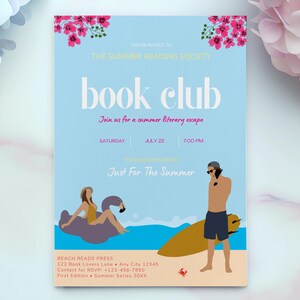 May include: A light blue book club flyer with pink floral decorations. The text reads "book club" and "Join us for a summer literary escape." The flyer includes illustrations of people at the beach and the date, 22 July.