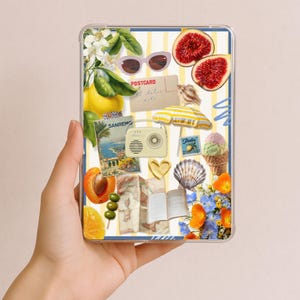 May include: A clear rectangular phone case featuring a collage of summer-themed imagery including figs, a lemon, sunglasses, a vintage radio, a postcard labeled POSTCARD, a Sanremo travel print, an ice cream cone, seashells, and flowers.
