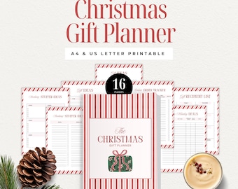 May include: A Christmas Gift Planner with a red and white striped cover and interior pages. The planner includes sections for gift ideas, online order tracking, and a recipient list. The cover features a green gift illustration. The text "Christmas Gift Planner" is displayed at the top.