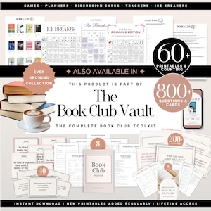 Op de afbeelding: Een verzameling printables en discussiekaarten voor boekenclubs. De afbeelding toont verschillende spellen, planners en trackers, waaronder "Ice Breaker" en "Romance Edition" dobbelspellen. Het product maakt deel uit van "The Book Club Vault" en bevat meer dan 60 printables en 800+ vragen en kaarten.