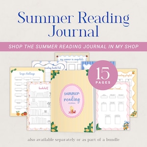 May include: A Summer Reading Journal with 15 pages, featuring a yellow striped cover with a pink oval label, ice cream, and crab illustrations. The set includes various activity sheets like a bookshelf, reading playlist, and trope challenge.