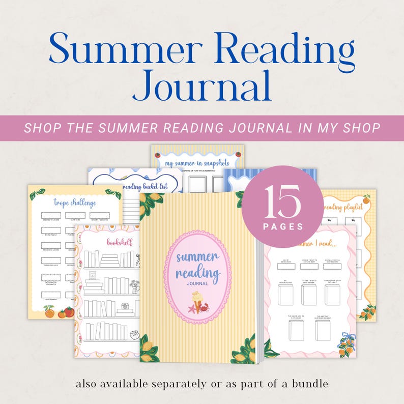 May include: A Summer Reading Journal with 15 pages, featuring a yellow striped cover with a pink oval label, ice cream, and crab illustrations. The set includes various activity sheets like a bookshelf, reading playlist, and trope challenge.