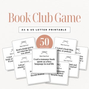 読書クラブゲーム「Have You Ever」、印刷可能なロマンスリーダーカード50枚、読書好きのための会話のきっかけ、読書パーティーゲームPDF、楽しいアクティビティ