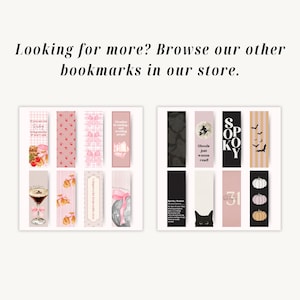 May include: Collection of decorative bookmarks with various designs. Some feature pink and white patterns, while others have illustrations of cocktails, croissants, and Halloween themes. Text on the bookmarks includes "Ghouls just wanna read!" and "SPOOKY".