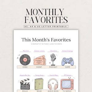 May include: A printable planner page titled Monthly Favorites with A5, A4, and US Letter sizes. The layout features hand-drawn illustrations of a vinyl record, movie tickets, microphone, game controller, clapperboard, book, headphones, and television.