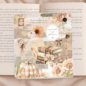 May include: A phone case with an autumnal design. It features pumpkins, sunflowers, books, and floral elements in warm colours. The text includes "Books, blankets & autumn afternoons" and "cozy reads and fall leaves".