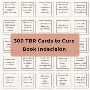 May include: A set of 300 cards with prompts to help you choose your next book. The cards are white with black text and are arranged in a grid. The text on the cards includes prompts like "A book with a spine that forms a picture in a series" and "A book whose title includes a time of day".