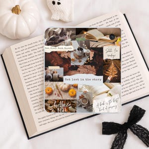 Puede incluir: Una impresión de collage cuadrada con imágenes de temática otoñal que incluyen un gatito, calabazas, hojas caídas, velas y libros abiertos. Las superposiciones de texto incluyen Eat. Sleep. Read. Repeat., Get lost in the story, Shhh. I'm reading., Hello Fall y A book is the best kind of company.
