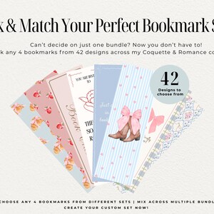 May include: A collection of decorative bookmarks with various designs, including floral patterns, cowboy boots, and text. The image includes the text "Mix & Match Your Perfect Bookmark Set!" and "42 Designs to choose from."