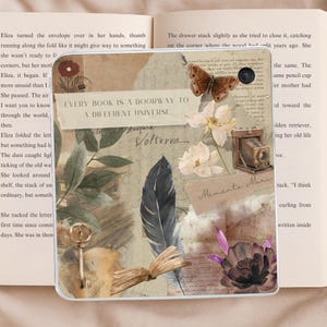 May include: A rectangular tablet case featuring a collage design with a brown butterfly, a vintage camera, a black feather, a gold key, and white flowers. The text reads, "EVERY BOOK IS A DOORWAY TO A DIFFERENT UNIVERSE" and "Memento Mori" on paper scraps.