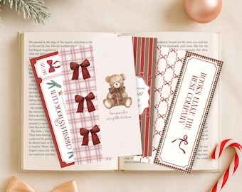 Classic Christmas Bookmark Set, Cozy Holiday Printable Bookmarks with Teddy Bear, Bows, and Plaid, Vintage Red & Green Aesthetic