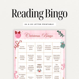 May include: A printable Christmas Reading Bingo game with a pink and white checkered background. The bingo card includes prompts like "Read with a holiday candle burning" and "Read under a warm blanket."