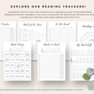 May include: A set of printable reading trackers for book lovers. The trackers include "Book Tracker", "Book of the Year", "To Be Read", "Reading Tracker", "Book Bingo", "Books to Read", and "My Bookshelf".