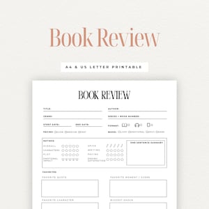 以下が含まれることがあります： 「Book Review」のタイトルが装飾的なフォントで書かれた、白黒の印刷可能な本のレビューテンプレート。タイトル、著者、ジャンル、評価、一文の要約などのセクションが含まれています。A4とUSレターサイズで利用可能です。
