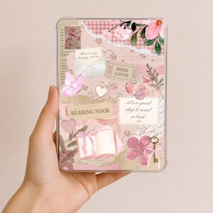 May include: A clear tablet case with a collage design featuring pink floral elements, butterflies, and the text "Reading Nook." Other text includes "Book Lover" and "It's a good day to read a book."
