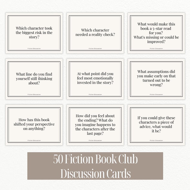 50 Fiction Book Club Discussion Cards, Fun Printable Questions, Book Club Games, Discussion Prompts, Reading Group Activity, Book Lovers image 4