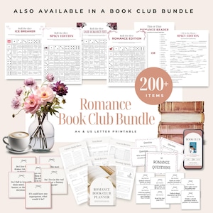 Op de afbeelding: Een verzameling afdrukbare materialen voor een romantische boekenclub. Bevat dobbelspellen, discussievragen, een planner en meer. De afbeelding toont een vaas met bloemen, een kopje koffie en een stapel boeken. De tekst luidt "Romance Book Club Bundle."