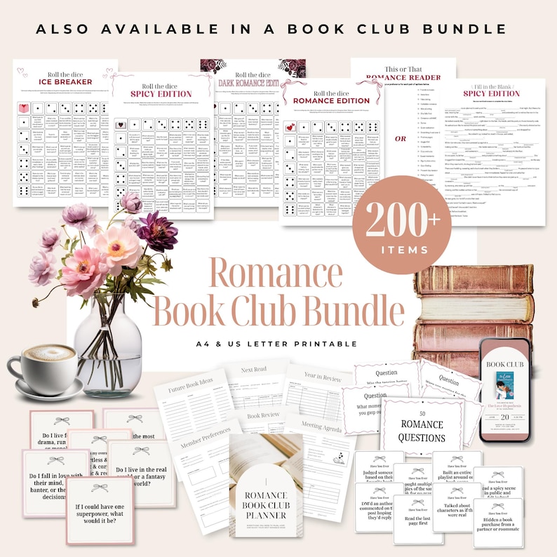 Op de afbeelding: Een verzameling afdrukbare materialen voor een romantische boekenclub. Bevat dobbelspellen, discussievragen, een planner en meer. De afbeelding toont een vaas met bloemen, een kopje koffie en een stapel boeken. De tekst luidt "Romance Book Club Bundle."