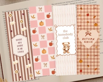Cozy Bookmark Set, Printable Autumn Bookmarks, Pumpkin Spice and Fall Aesthetic, Books and Coffee, Autumn Girlie, Soft Girl Era, Gingham
