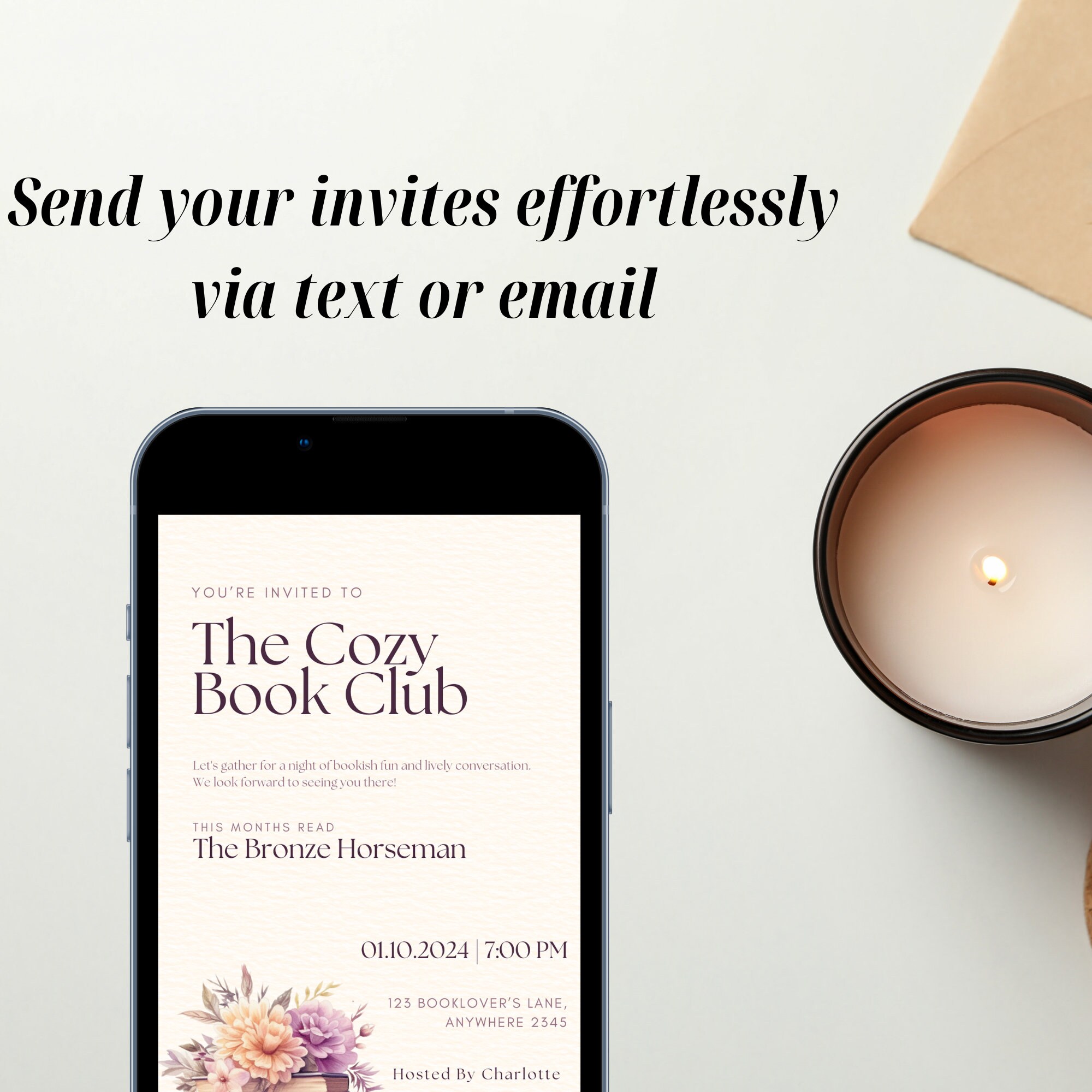 Reading Event Invite Editable Book Club Invite | Purple Flowers | Vintage Books | Editable ...
