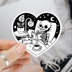 Cute Skeleton Sticker, Cute Cat Sticker, Bookish Sticker, Skeleton Reading Book Sticker, Halloween Sticker, Heart Shape Sticker, Vinyl Decal