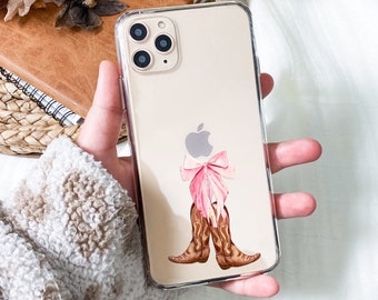 Coquette Cowgirl Phone Case, Cowgirl Boots with Pink Bow Cell Phone Case, Western iPhone Case, Country Girl Clear Phone Case