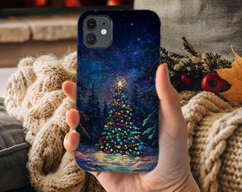 Christmas Tree Phone Case Faux Stained Glass Festive Tree in Forest Night Sky Cell Phone Case  Phone Case iPhone, Samsung, Google