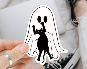 Ghost Holding Cat Sticker, Cute Halloween Ghost Sticker, Black Cat Sticker, Funny Ghost, Funny Cat Sticker, Laptop Sticker,  Vinyl Decal