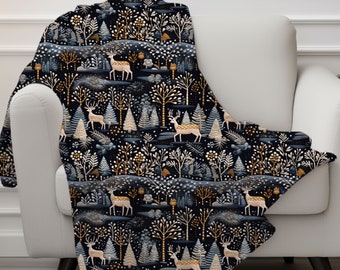 Scandinavian Winter Folk Art, Vintage Nordic Art, Deer in Forest Scandi Christmas Design with 3D Embroidery look Velveteen or Sherpa Blanket